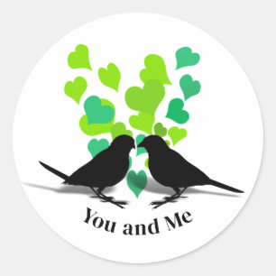 Sticker Rond Cœurs verts Amour Oiseaux Saint-Valentin