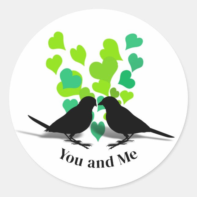 Sticker Rond Cœurs verts Amour Oiseaux Saint-Valentin (Devant)