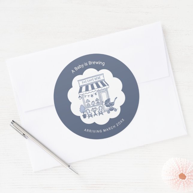 Sticker Rond Coffee Brunch Theme Bebe Cafe Blue 2 Baby Shower (Enveloppe)