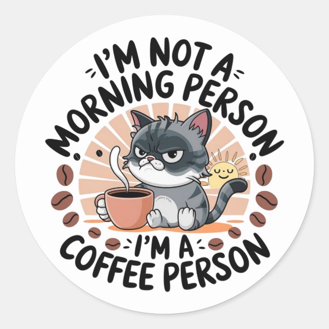 Sticker Rond Coffee-Première Attitude Amusante Conception Chat (Devant)