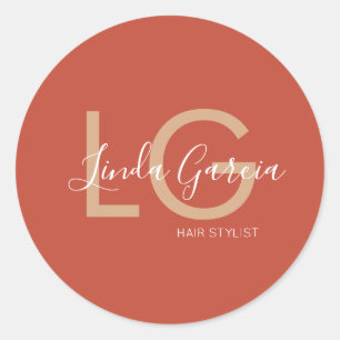 Sticker Rond Coiffeur Brun Orange Beige Monogrammé
