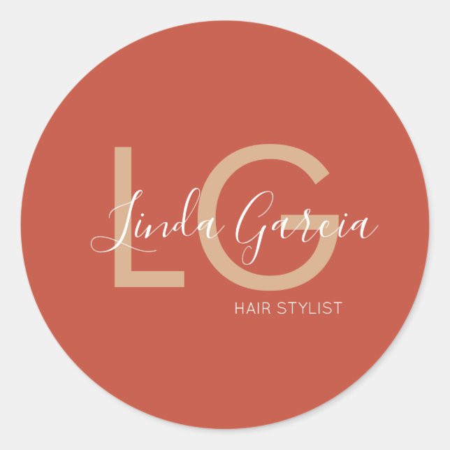 Sticker Rond Coiffeur Brun Orange Beige Monogrammé     (Devant)