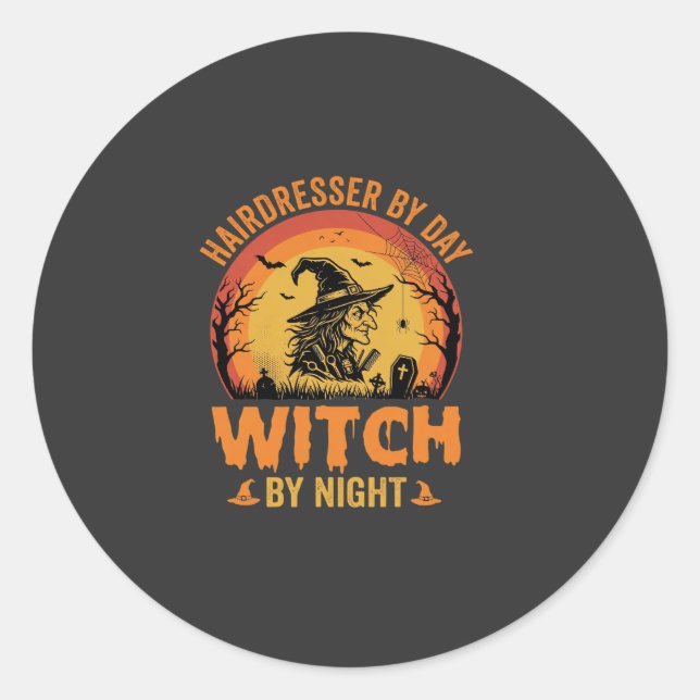 Sticker Rond Coiffeur de jour sorcière de nuit Design Halloween (Devant)