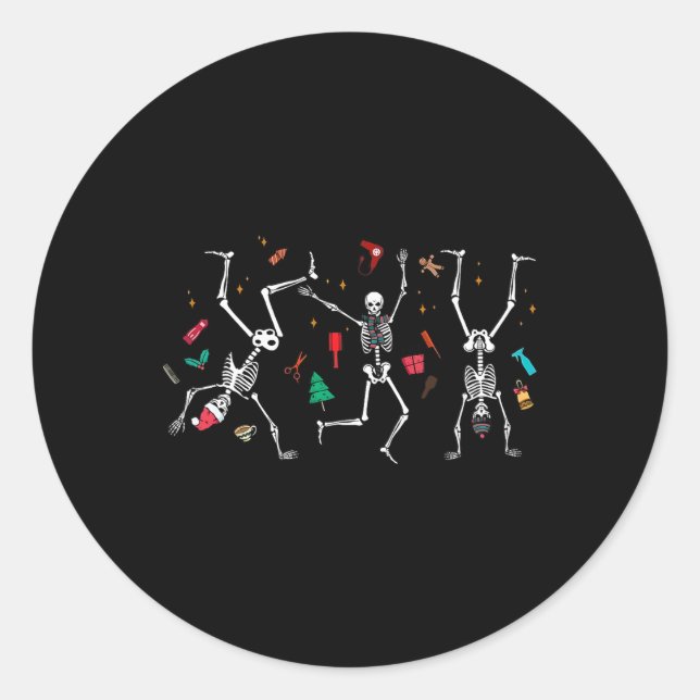Sticker Rond Coiffeur de Noël Skeleton Dancing Coiffeur (Devant)