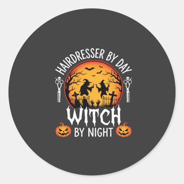 Sticker Rond Coiffeuse Halloween le jour sorcière la nuit (Devant)