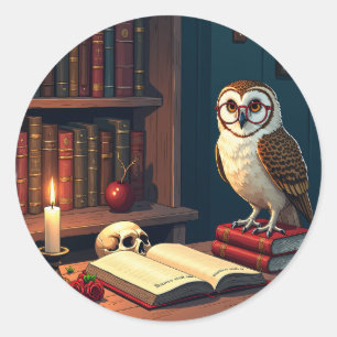 Sticker Rond Coin de lecture Dark Academia Hibou Lunettes Vinta