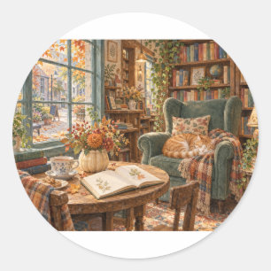 Sticker Rond Coin lecture de la librairie féline cosy