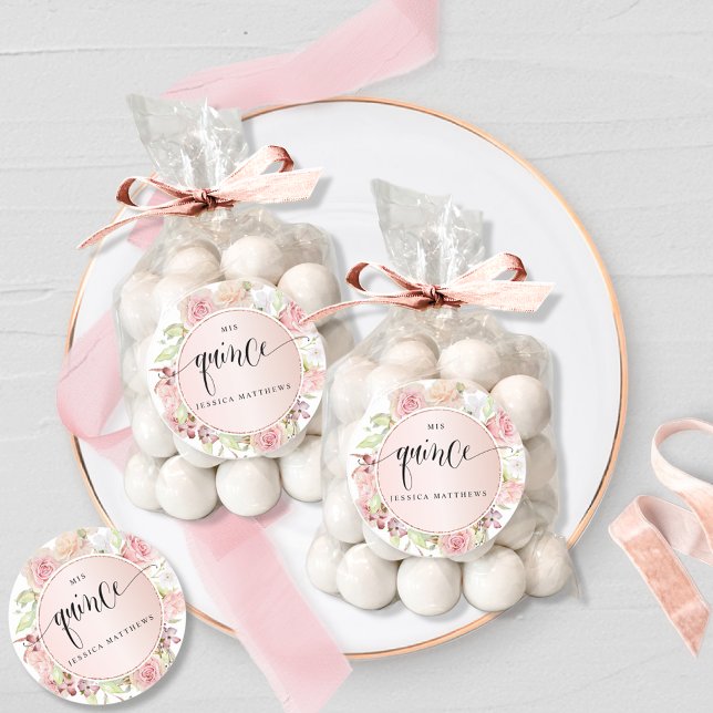 Sticker Rond Coing, Espagnol, Rose, Or Rosé Floral Blush (Créateur téléchargé)