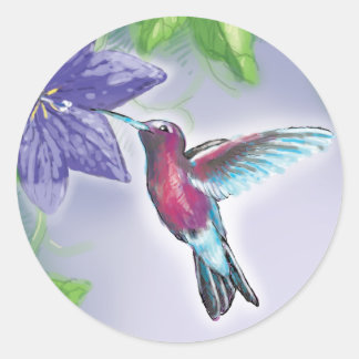 Sticker Rond colibri coloré et fleurs violettes