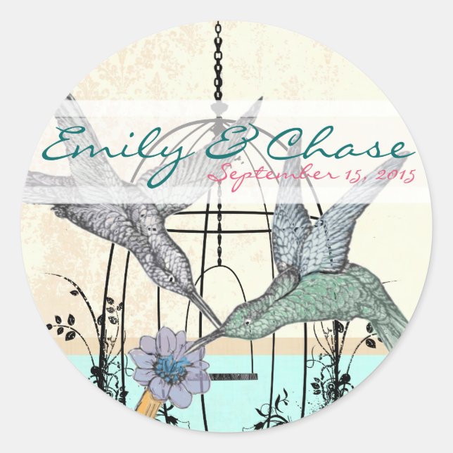 Sticker Rond Colibri de Damas  Cage à oiseaux Mariage Postage (Devant)