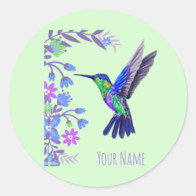 Sticker Rond Colibri Design Fleurs Botaniques Amateurs d'oiseau (Devant)