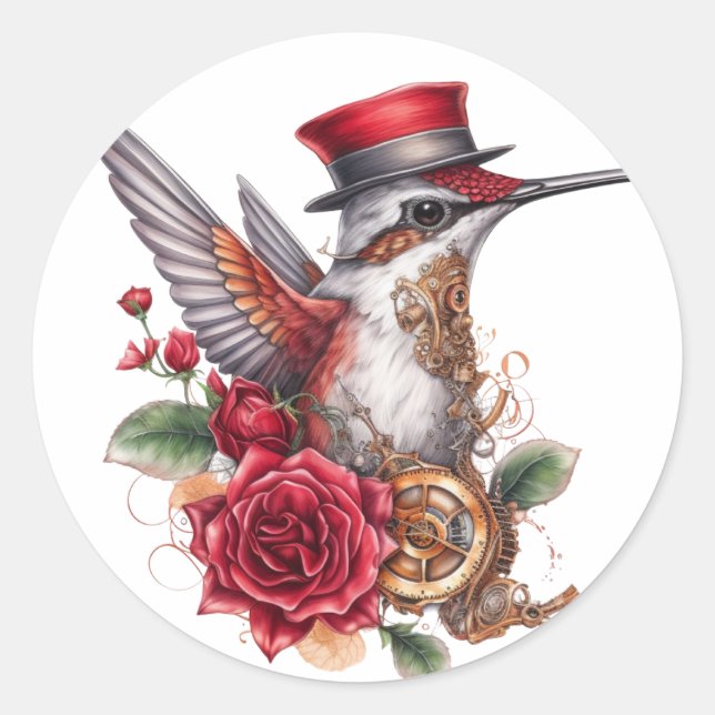 Sticker Rond Colibri en vapeur avec Casquette rouge et horloge (Devant)