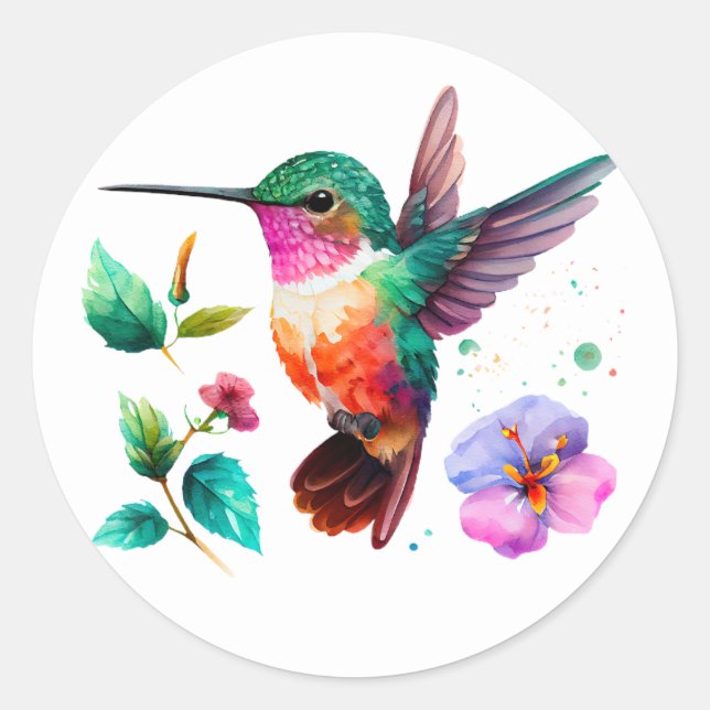 Sticker Rond Colibri et fleurs aux couleurs vives (Devant)