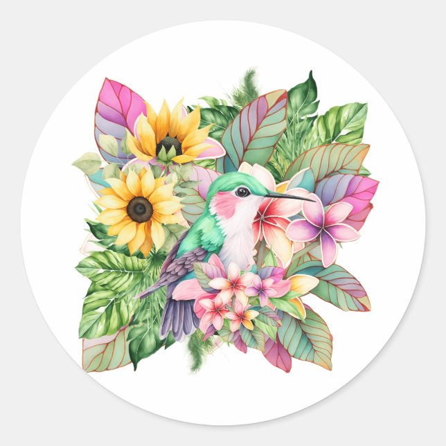 Sticker Rond Colibri et fleurs tropicales (Devant)
