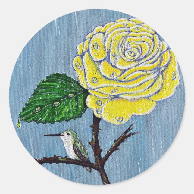 Sticker Rond Colibri et Rose dans la peinture de pluie (Devant)