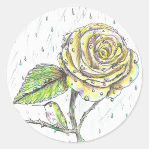 Sticker Rond Colibri et Rose dans le dessin de pluie