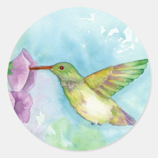 Sticker Rond Colibri rose Hollyhock Fleurs Bleu
