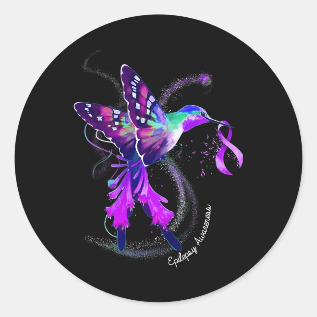 Sticker Rond Colibri tenant pourpre Ribbon Epilepsie (Devant)