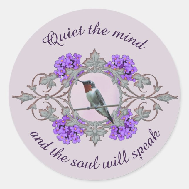 Sticker Rond Colibri Throated Ruby, Embellissements Violets (Devant)