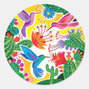 Sticker Rond Colibris et cactus en fleurs