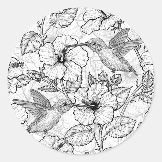 Sticker Rond Colibris et fleurs d'hibiscus b&w (Devant)