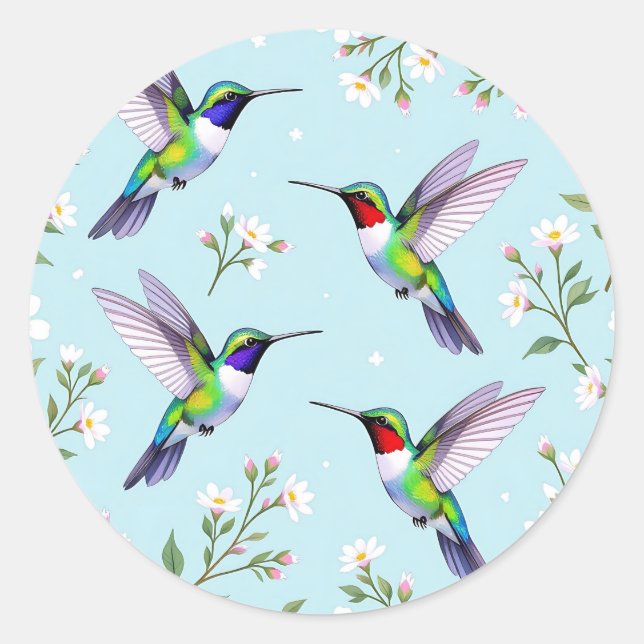 Sticker Rond Colibris Vibrants et Fleurs de Cerisier Blanches (Devant)