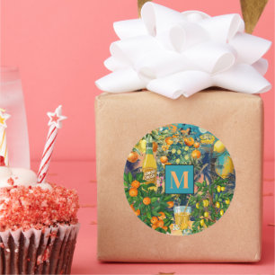 Sticker Rond collage d'agrumes siciliens bleu orange chic