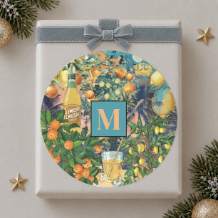 Sticker Rond Collage de citrus sicilien turquoise bleu orange c