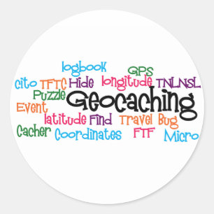 Sticker Rond Collage de mots de géocaching