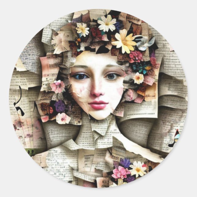 Sticker Rond Collage | Jolie fille faite de pages de livres (Devant)
