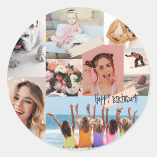 Sticker Rond Collage photo moderne Joyeux anniversaire mignon
