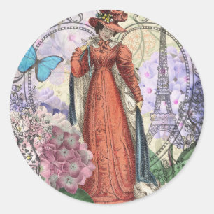 Sticker Rond Collage Tour Eiffel Paris vintage romantique franç