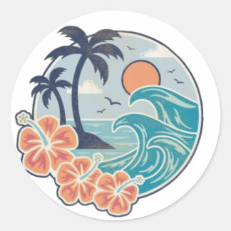 Sticker Rond collant de vacances vagues palmiers et fleurs de s