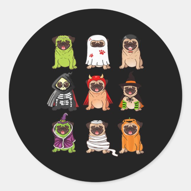 Sticker Rond Collection de carlins Happy Pugoween Cos Éffrayant (Devant)