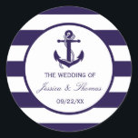 Sticker Rond Collection de Mariages de la marine d'Ancres nauti<br><div class="desc">La collection de mariages à rayures marine de l'ancre nautique est parfaite pour tout couple qui planifie un mariage romantique au bord de la mer. Ces sceaux d'invitation peuvent être personnalisés pour votre occasion spéciale et feraient le étiquette parfait pour tout mariage, douche nuptiale, fête de fiançailles, fête d'anniversaire et...</div>