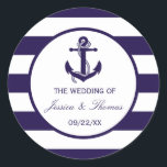 Sticker Rond Collection de Mariages de la marine d'Ancres nauti<br><div class="desc">La collection de mariages à rayures marine de l'ancre nautique est parfaite pour tout couple qui planifie un mariage romantique au bord de la mer. Ces sceaux d'invitation peuvent être personnalisés pour votre occasion spéciale et feraient le étiquette parfait pour tout mariage, douche nuptiale, fête de fiançailles, fête d'anniversaire et...</div>