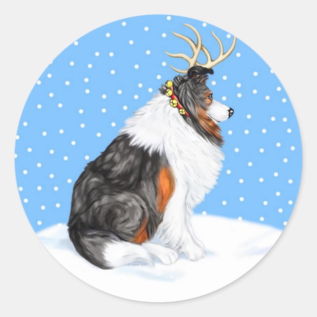 Sticker Rond Collie Christmas Reindeer Tri (Devant)