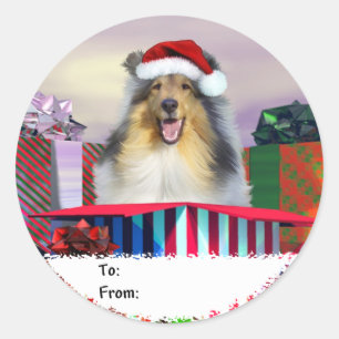 Sticker Rond Collie Christmas Surpise Tags cadeaux