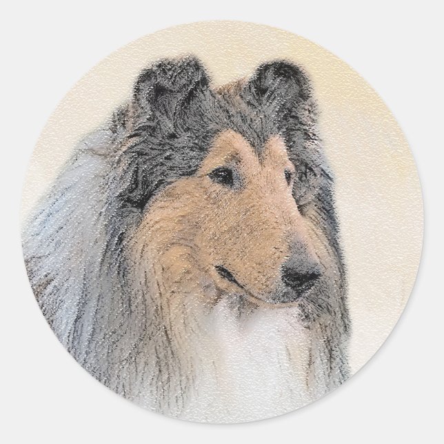Sticker Rond Collie (Rough) Peinture - Cute Original Chien Art (Devant)