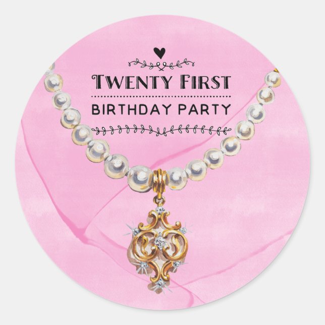 Sticker Rond Collier Perle Rose Élégant 21e Anniversaire (Devant)