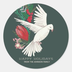 Sticker Rond Colombe de Noël verte et rouge botanique élégante