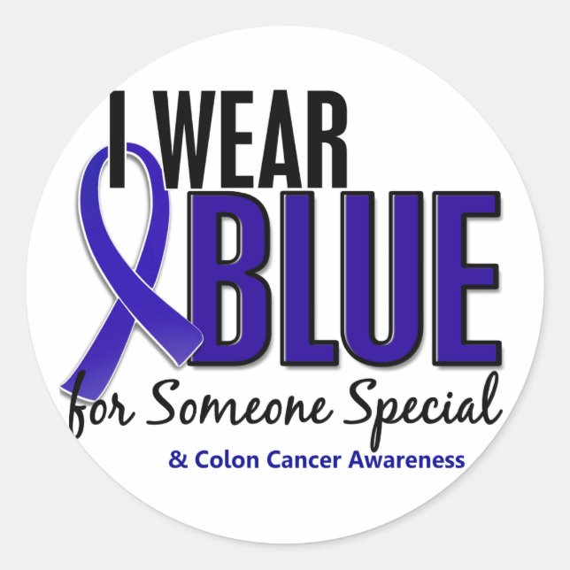 Sticker Rond Colon Cancer Je Porte Du Bleu Pour Quelqu'Un Spéci (Devant)