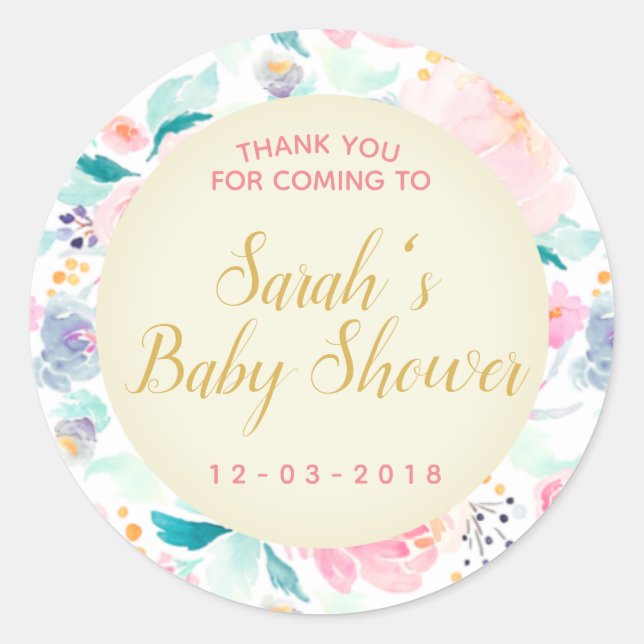 Sticker Rond Colonne florale de baby shower rose et or (Devant)
