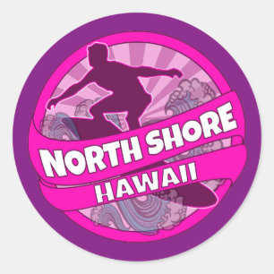 Sticker Rond Colonnes du logo de surfeur rose de North Shore Ha