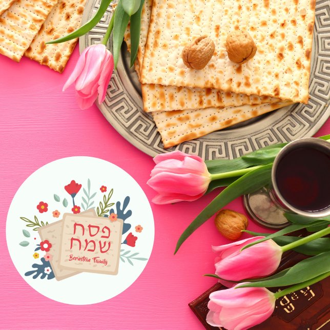 Sticker Rond Coloré Floral Matzah Hébreu Bonne Pâque (Créateur téléchargé)