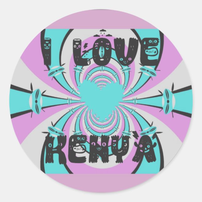 Sticker Rond Coloré Kenya Love : Purple Cyan White Funny (Devant)