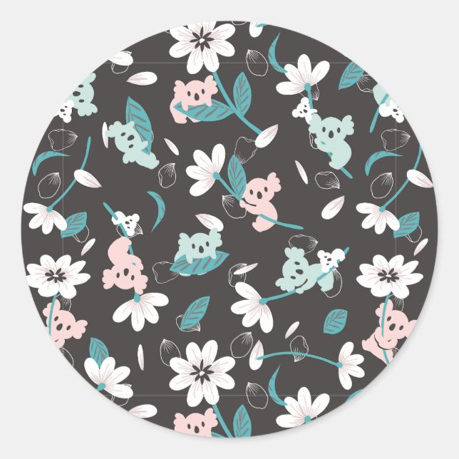 Sticker Rond Coloré Koala Motif mignon animal et floral (Devant)