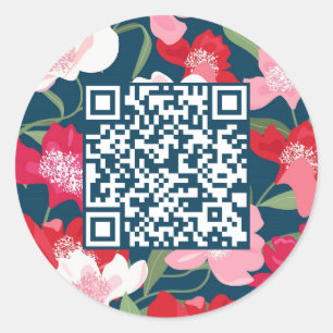 Sticker Rond Coloré Rouge Floral QR Code Bleu