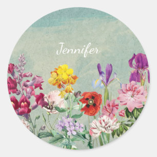 Sticker Rond Coloré vintage floraison belle fleurs sauvages