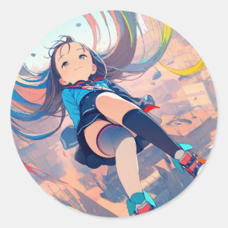 Sticker Rond Colorée Floating Anime Girl